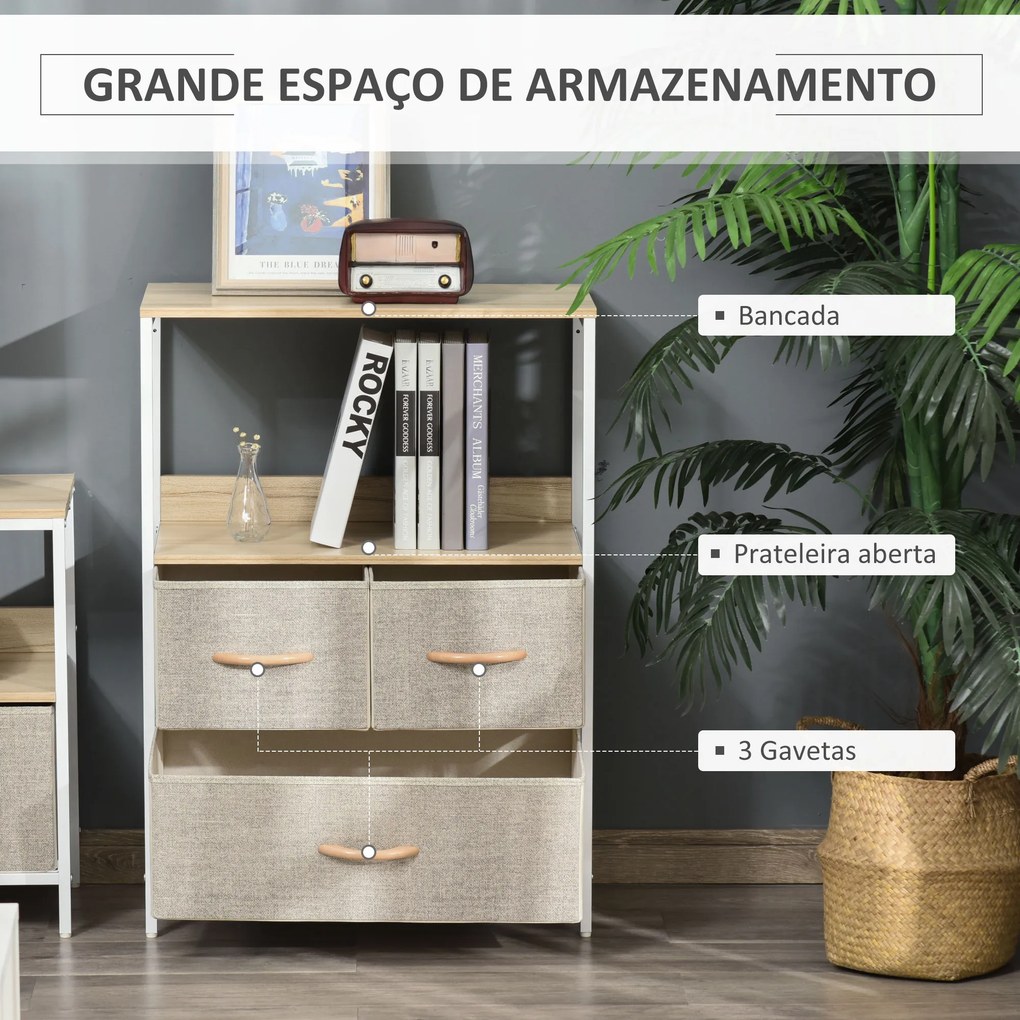 Cómoda com 4 Gavetas Dobráveis e Prateleira Aberta Cómoda com Gavetas de Tecido Anti-Tombo 58x29x103cm Madeira e Cinza Claro