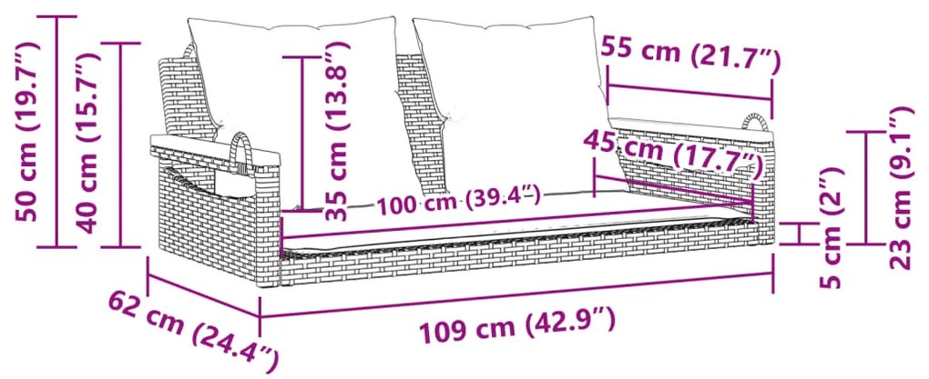 Banco baloiço com almofadões 109x62x40 cm vime PE bege