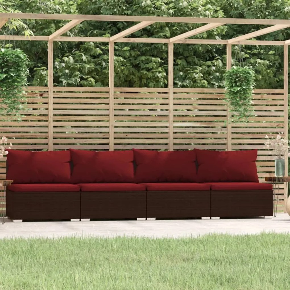 vidaXL Sofá de jardim 4 lugares com almofadões vime PE castanho