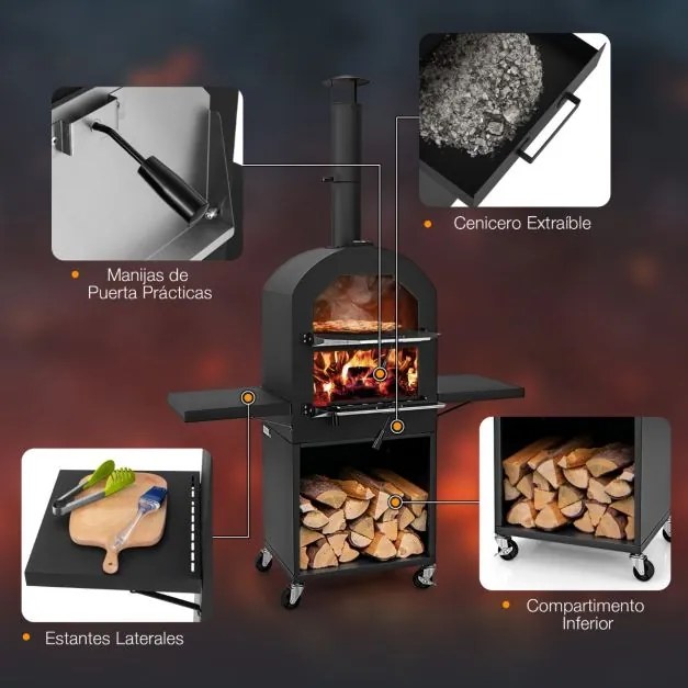 Forno para pizza para exterior com rodas Pedra para pizza Pá 2 grelhas Termómetro Prateleiras laterais para armazenamento Preto
