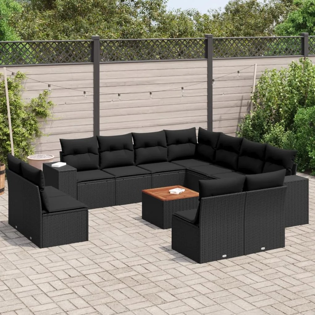 12 pcs conjunto de sofás de jardim c/ almofadões vime PE preto