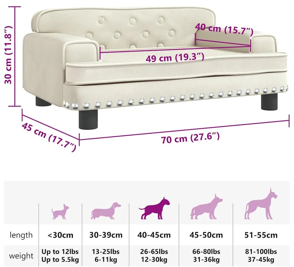 Cama para cães 70x45x30 cm veludo cor creme