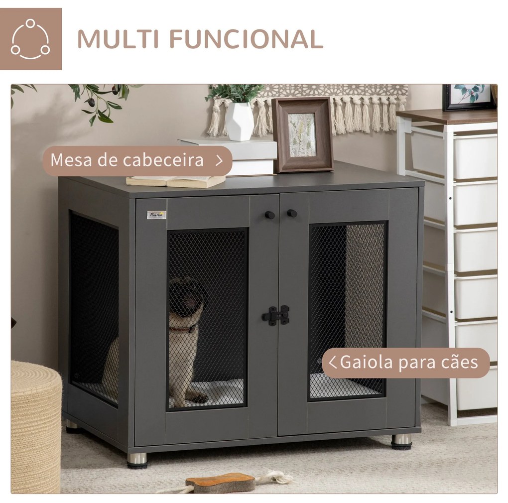 Gaiola para Cães Médios Mesa Auxiliar com 2 Portas Trava Almofada de Tecido Oxford Amovível Grades de Aço Gaiola para Cães de Interior 80x55x70cm Cinz