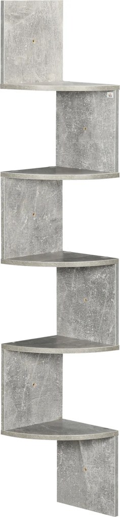 Estante de canto de parede para arrumação, formato em ziguezague, 20 x 20 x 126 cm, 5 prateleiras, madeira cinzenta