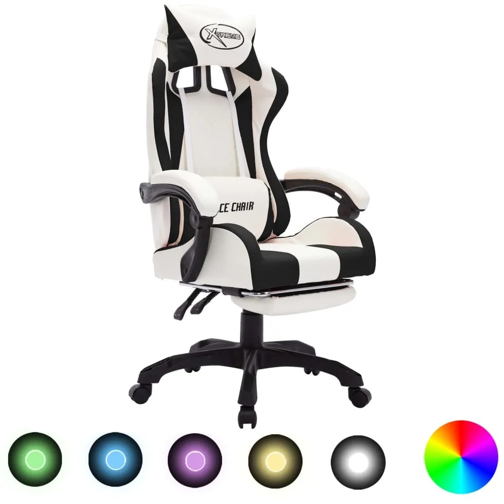288015 vidaXL Cadeira estilo corrida luzes LED RGB couro artif. preto/branco