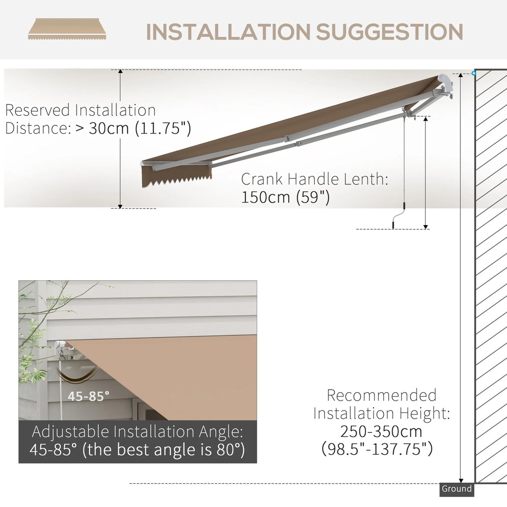 Toldo Manual Retrátil 350x250 cm para Varanda com Manivela de Metal Impermeável e Anti-UV para Jardim Janelas Castanho