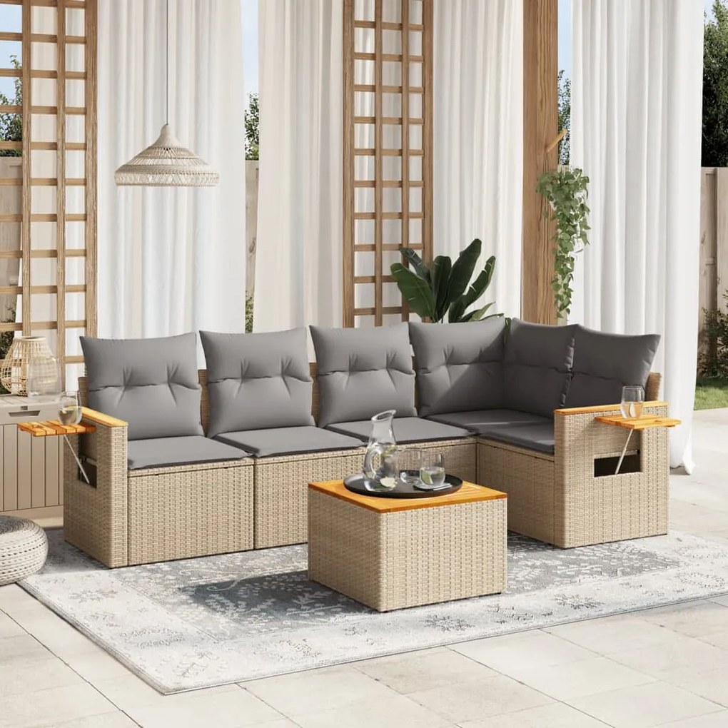 6 pcs conjunto de sofás p/ jardim com almofadões vime PE bege