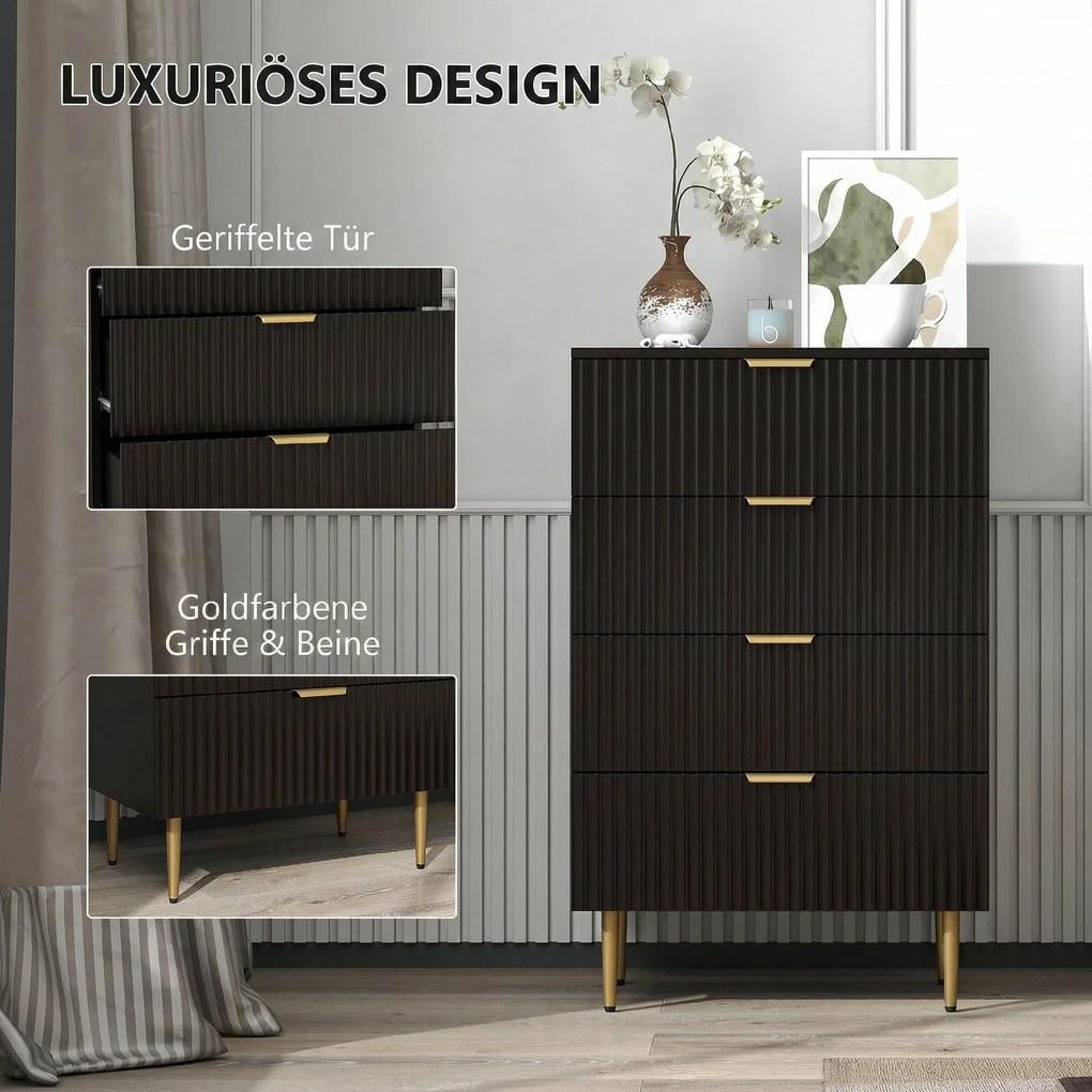 Cómoda de 4 gavetas 60 x 40 x 96 cm, móvel de arrumação moderno para quarto com puxadores e pés dourados, preto