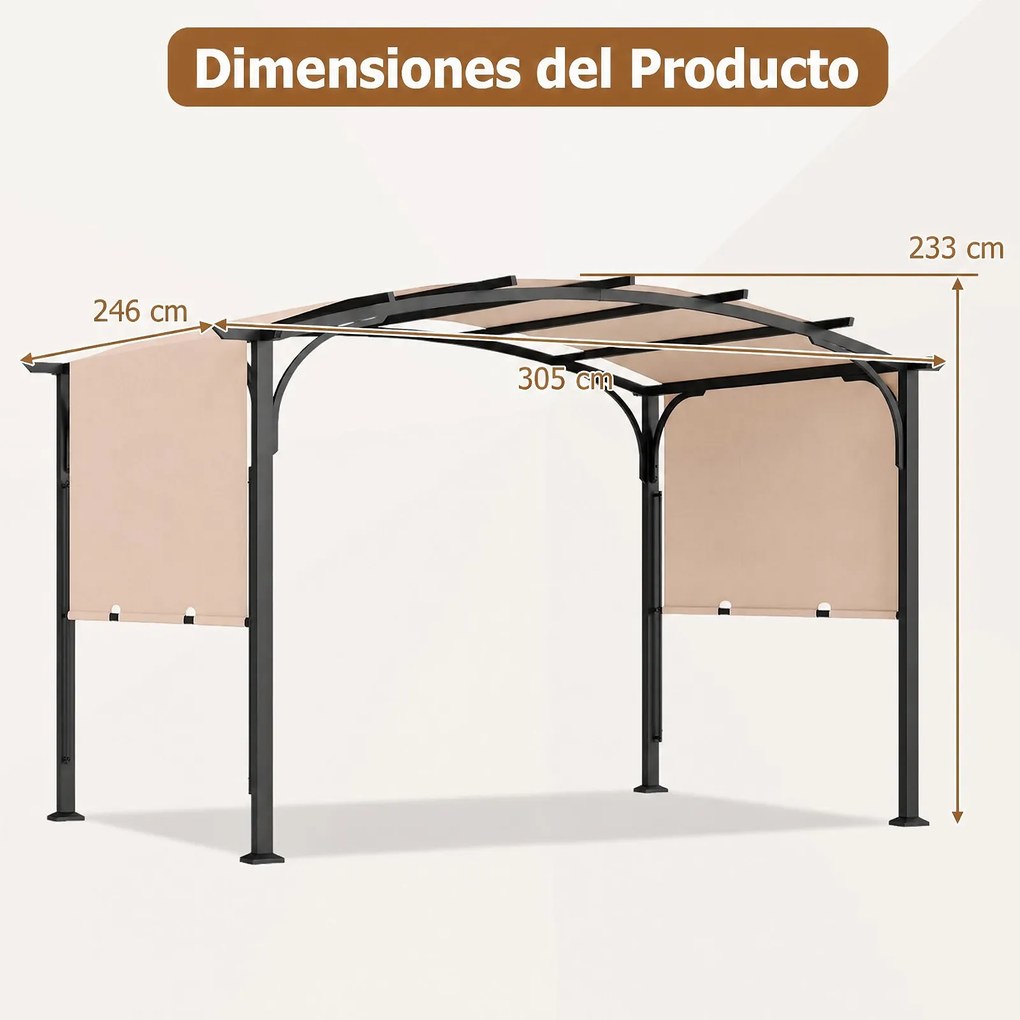 Pérgola Retrátil de Exterior, 305 x 242 x 233 cm, Cobertura Arqueada, Cáqui