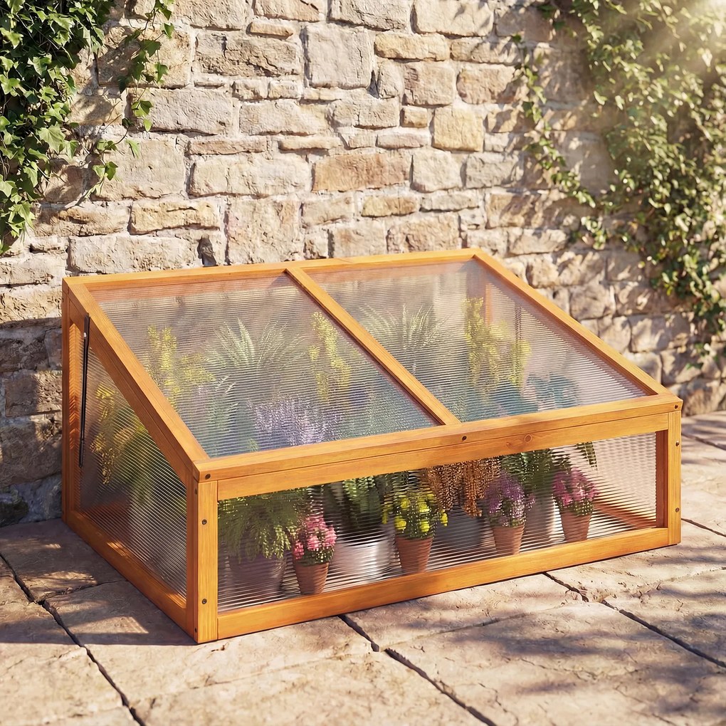 Estufa de madeira 94 x 63 x 40 cm, teto transparente rebatível, proteção para vasos elevados, pequena, para interior e exterior, jardim, terraço, cor