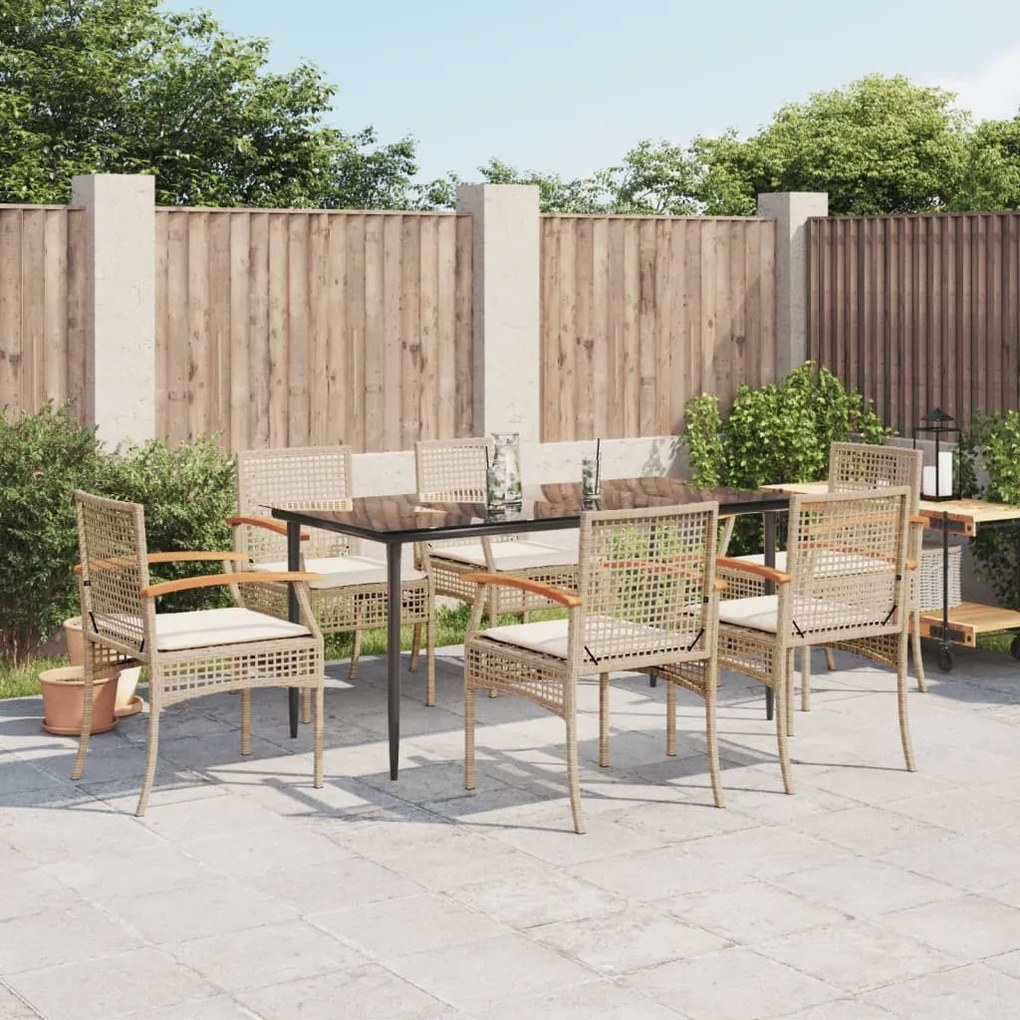 7 pcs conjunto de jantar p/ jardim com almofadões vime PE bege