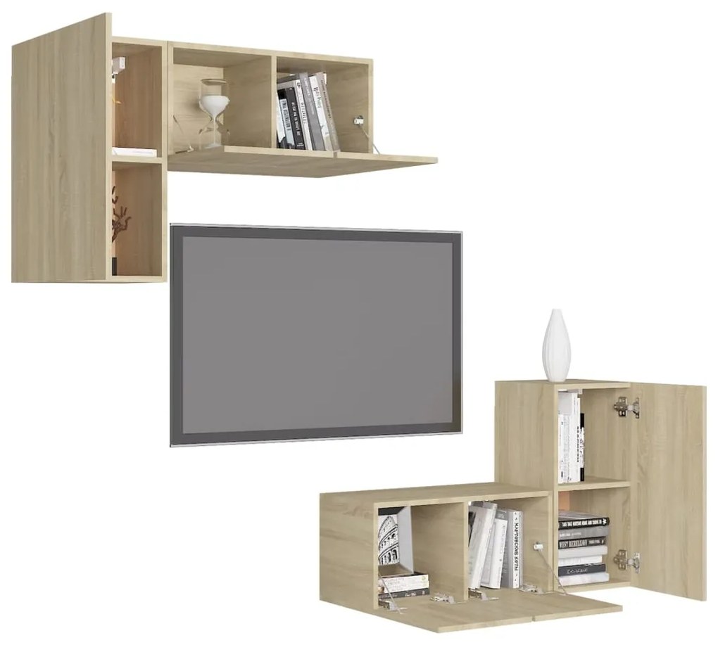 4pcs conjunto de móveis TV derivados de madeira carvalho sonoma