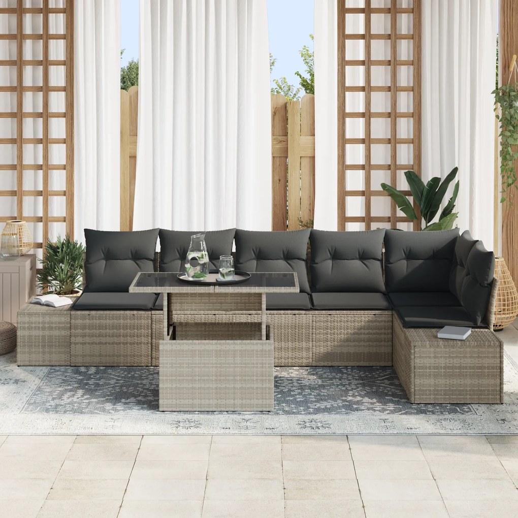 Conjunto de Sofá de Jardim com 7 Peças e Almofadas Cinza Claro em Ratt