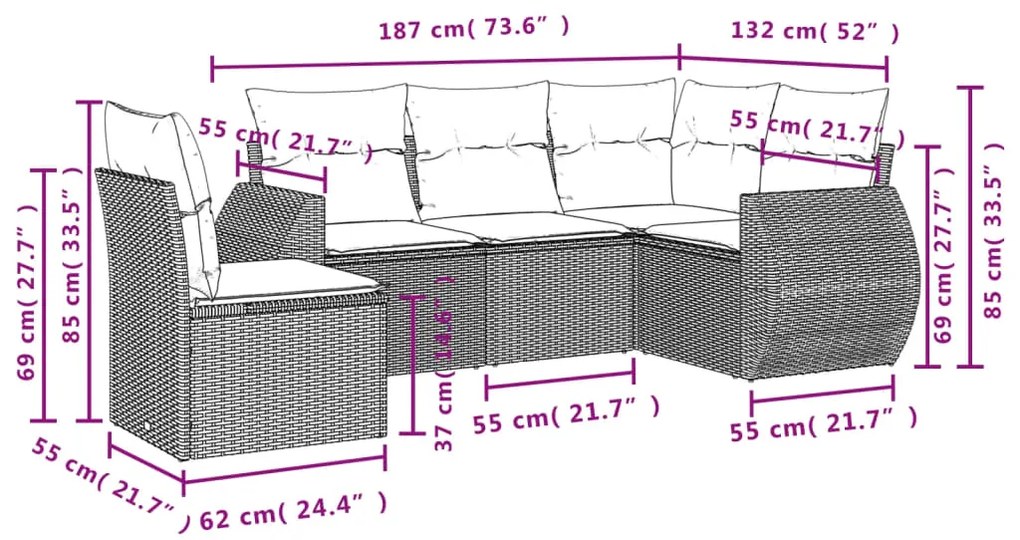 5 pcs conjunto de sofás p/ jardim com almofadões vime PE bege