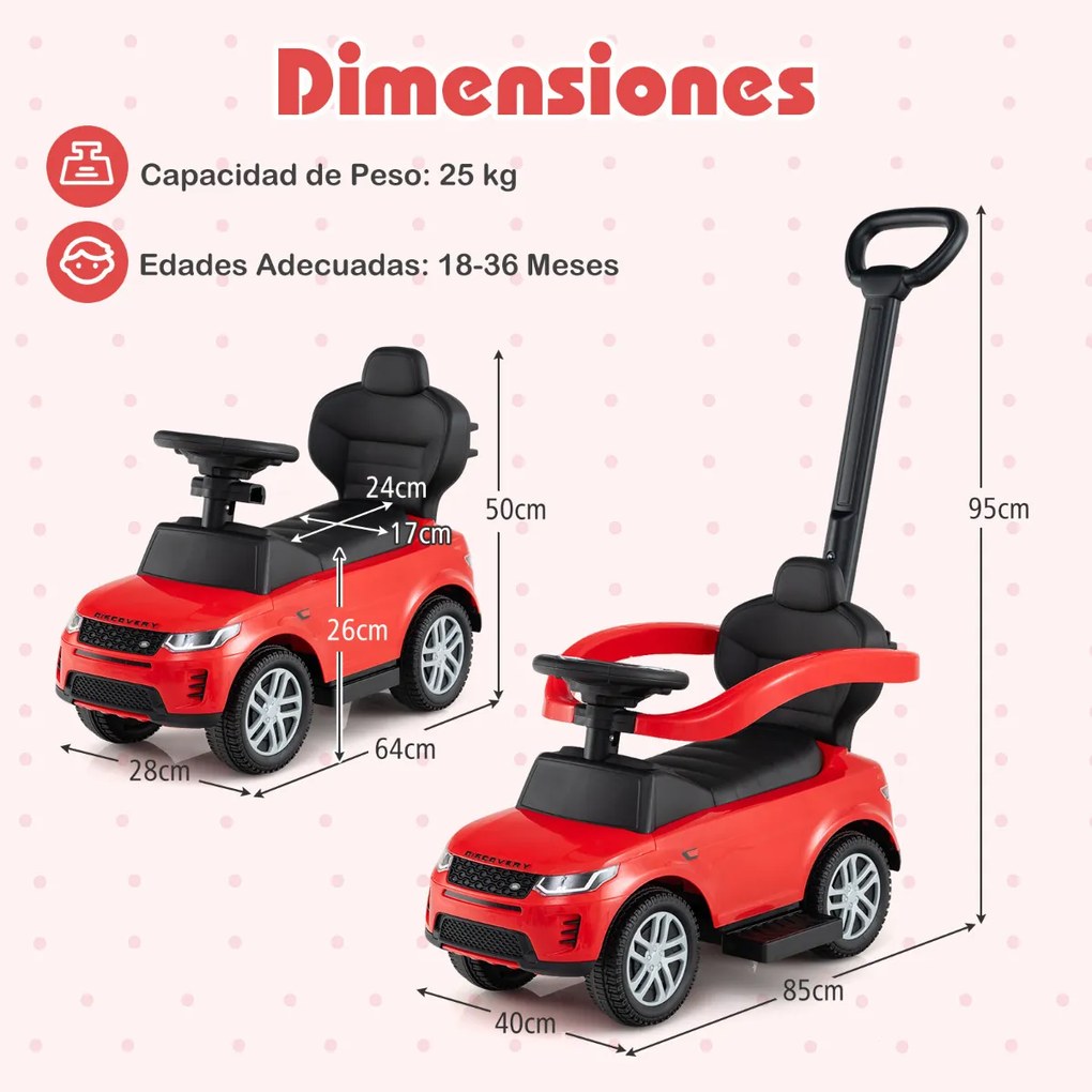 Carro de empurrar 3 em 1 para crianças de 18 a 36 meses com alça removível com buzina e som Vermelho
