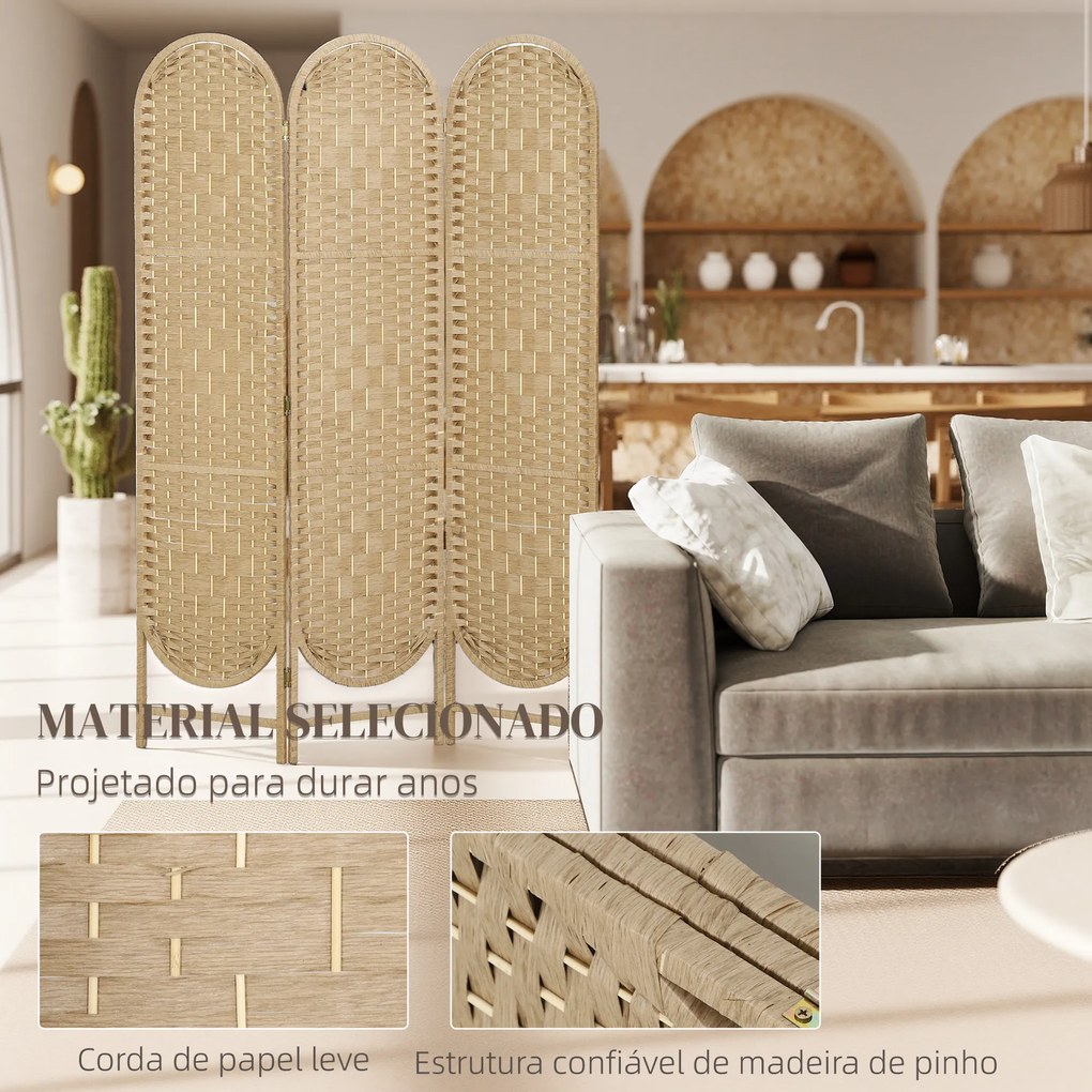 Biombo Separador de Ambientes 3 Painéis 120x170 cm Painel de Privacidade Dobrável Boémio com Topo Arqueado Entrançado à Mão Madeira