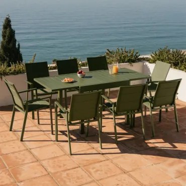 Conjunto De Mesa Extensível 90-180x90 Cm Em Alumínio Starmi E 8 Cadeiras De Jardim Empilháveis Em Alumínio Karena Verde Azeitona Intenso - Sklum