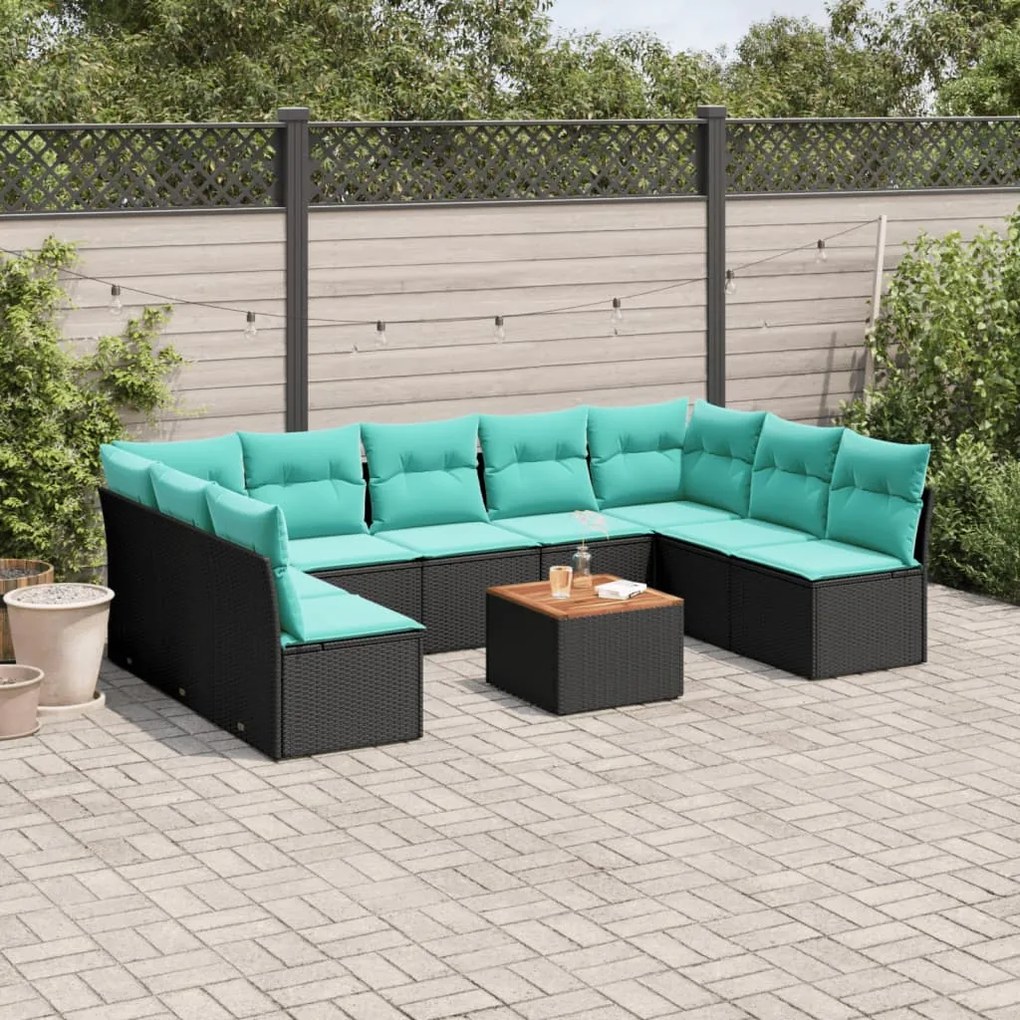 vidaXL 10 pcs conjunto de sofás p/ jardim c/ almofadões vime PE preto