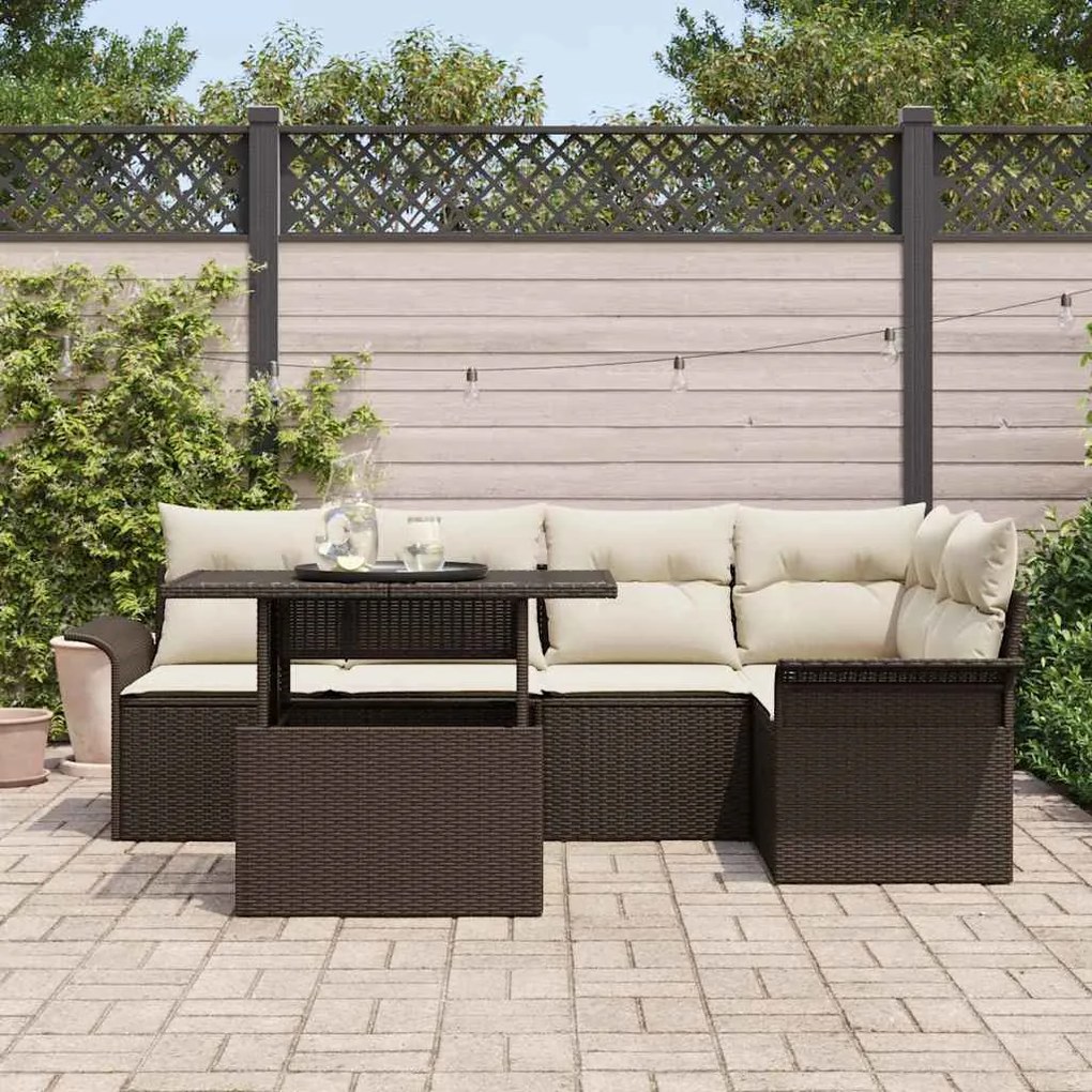 Conjunto de sofá de jardim com 6 peças e almofadas castanhas em rattan