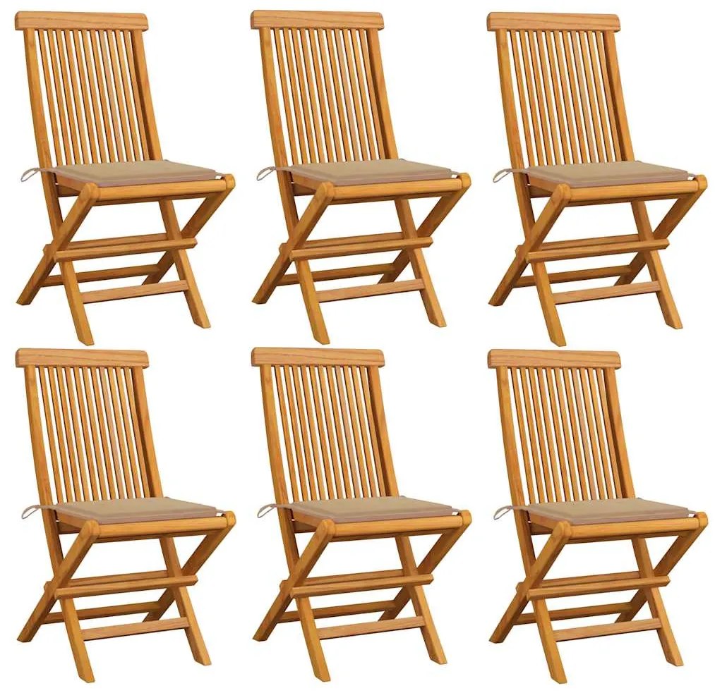 vidaXL Cadeiras de jardim c/ almofadões beges 6 pcs teca maciça