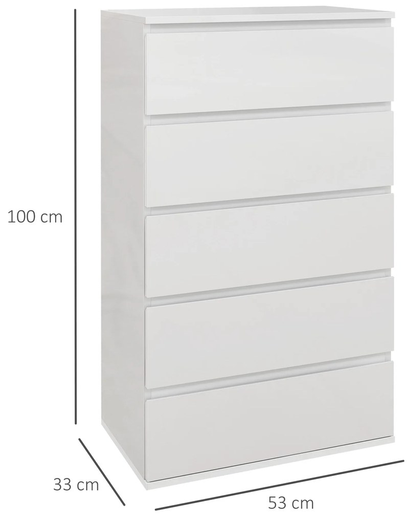 HOMCOM Cómoda com 5 Gavetas de Madeira Cómoda de Dormitório Cómoda Branca para Sala de Estar Estilo Moderno 53x33x100 cm Branco