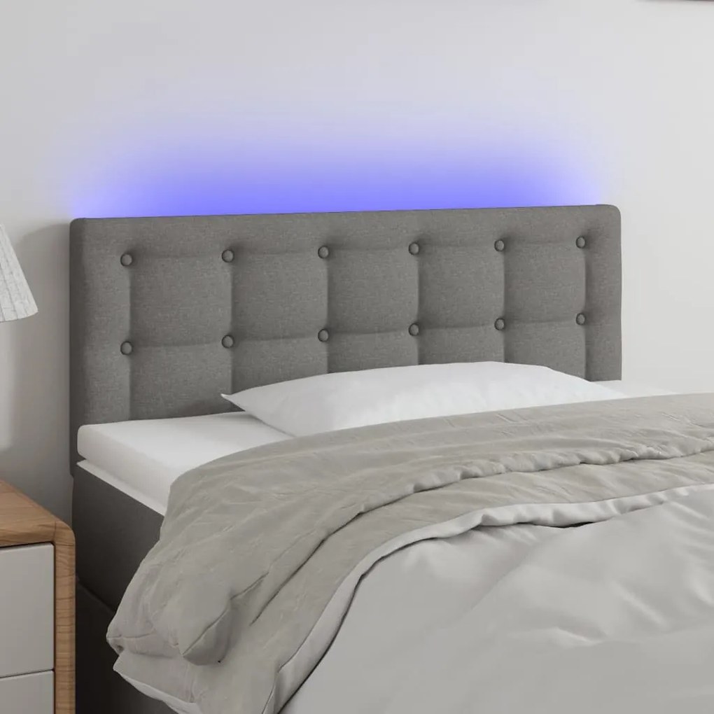 Cabeceira de cama c/luzes LED tecido 100x5x78/88cm cinza-escuro