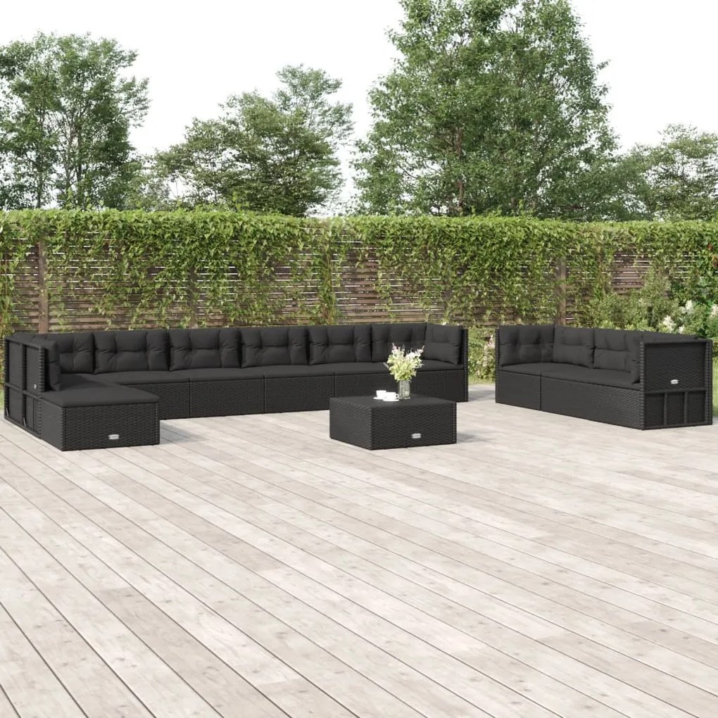 vidaXL 11 pcs conjunto lounge de jardim c/ almofadões vime PE preto