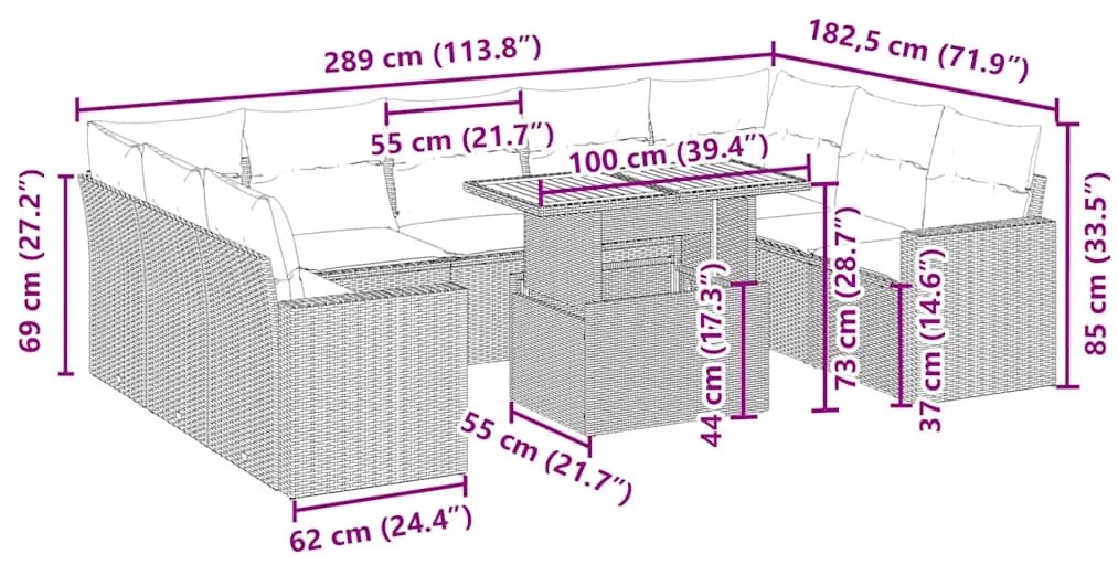 10 pcs conjunto de sofás p/ jardim com almofadões vime PE bege