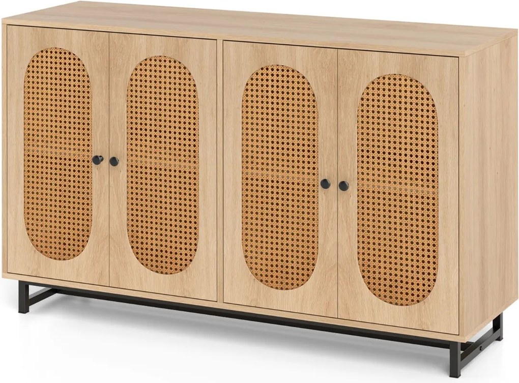 Aparador com 4 portas em rattan 126 x 40 x 81 cm, prateleiras ajustáveis, pés metálicos e 2 dispositivos anti-tombamento para sala de jantar, cozinha