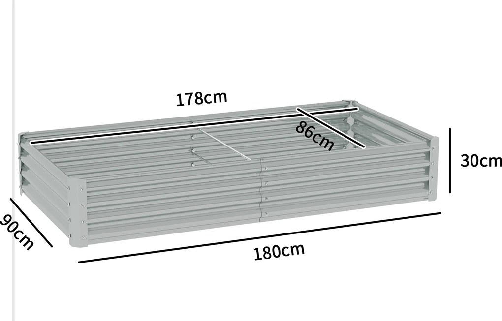 Floreira retangular, floreira elevada em aço galvanizado, fundo aberto, 180 x 90 x 30 cm, cinzento prateado