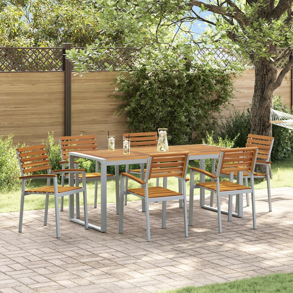 Conjunto de Jantar de Jardim 7 Peças Madeira Sólida de Acácia e Metal