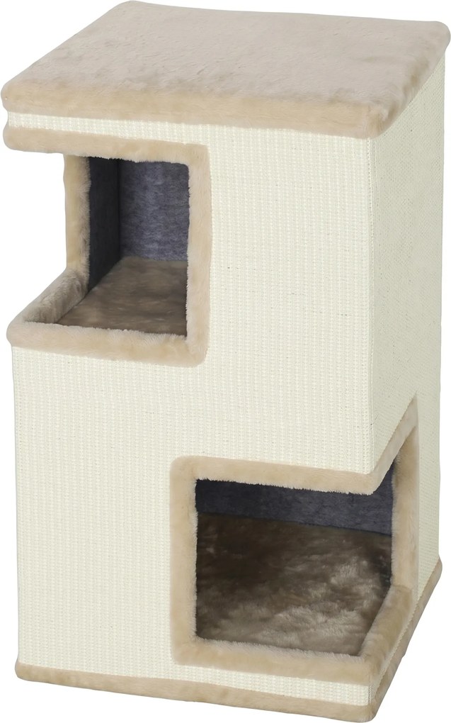 PawHut Tonel arranhador de 3 andares para interiores, caverna semicerrada com superfícies de arranhar ao redor, 2 tocas para gatos | Aosom Portugal