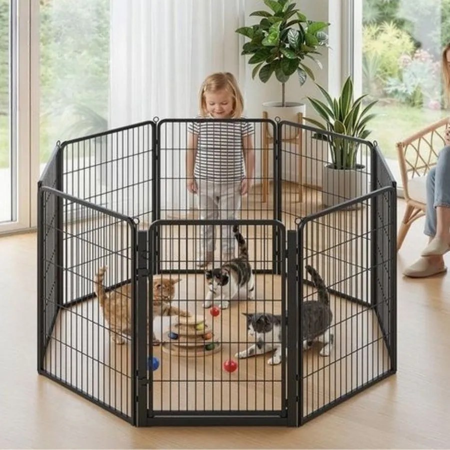 Parque para animais de estimação 170 x 170 x 100 cm, recinto ao ar livre em metal inoxidável, com porta larga preto