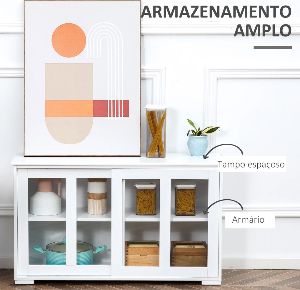 Aparador de Cozinha Moderno Móvel Auxiliar com 2 Portas de Correr de Vidro e Prateleira Ajustável 107x33x62,5 cm Branco