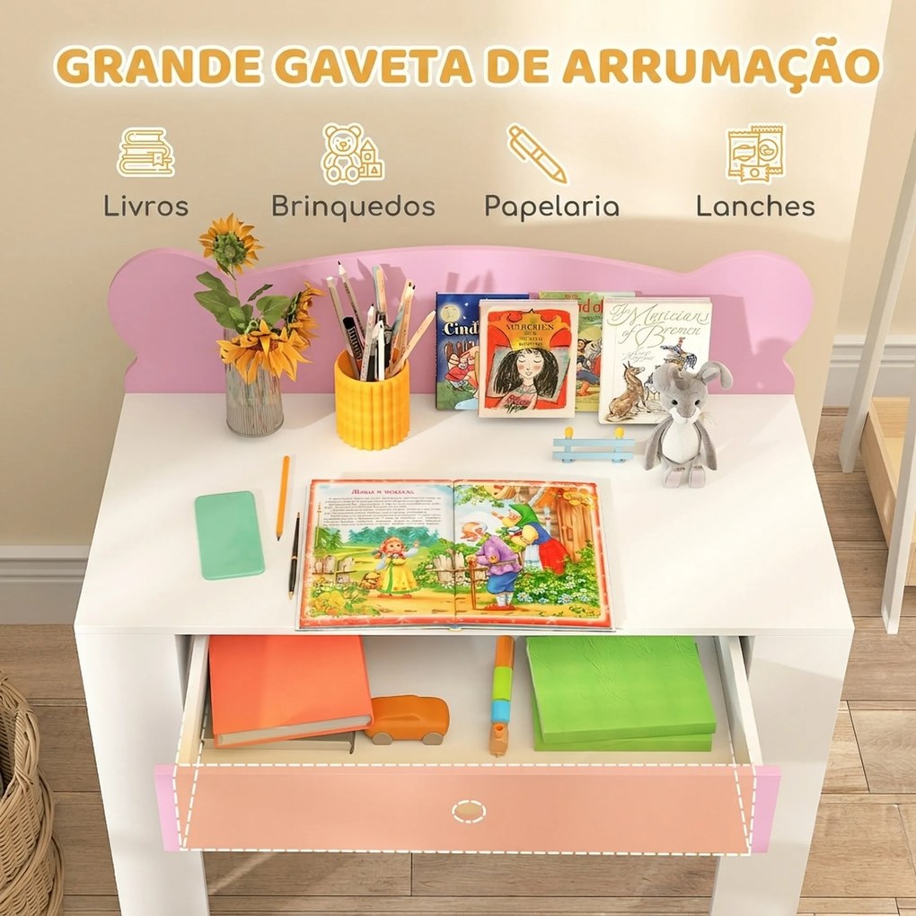 Secretária para Crianças com Cadeira em Forma de Ursinho Secretária Infantil com Gaveta para Estudar Ler e Desenhar Branco e Rosa