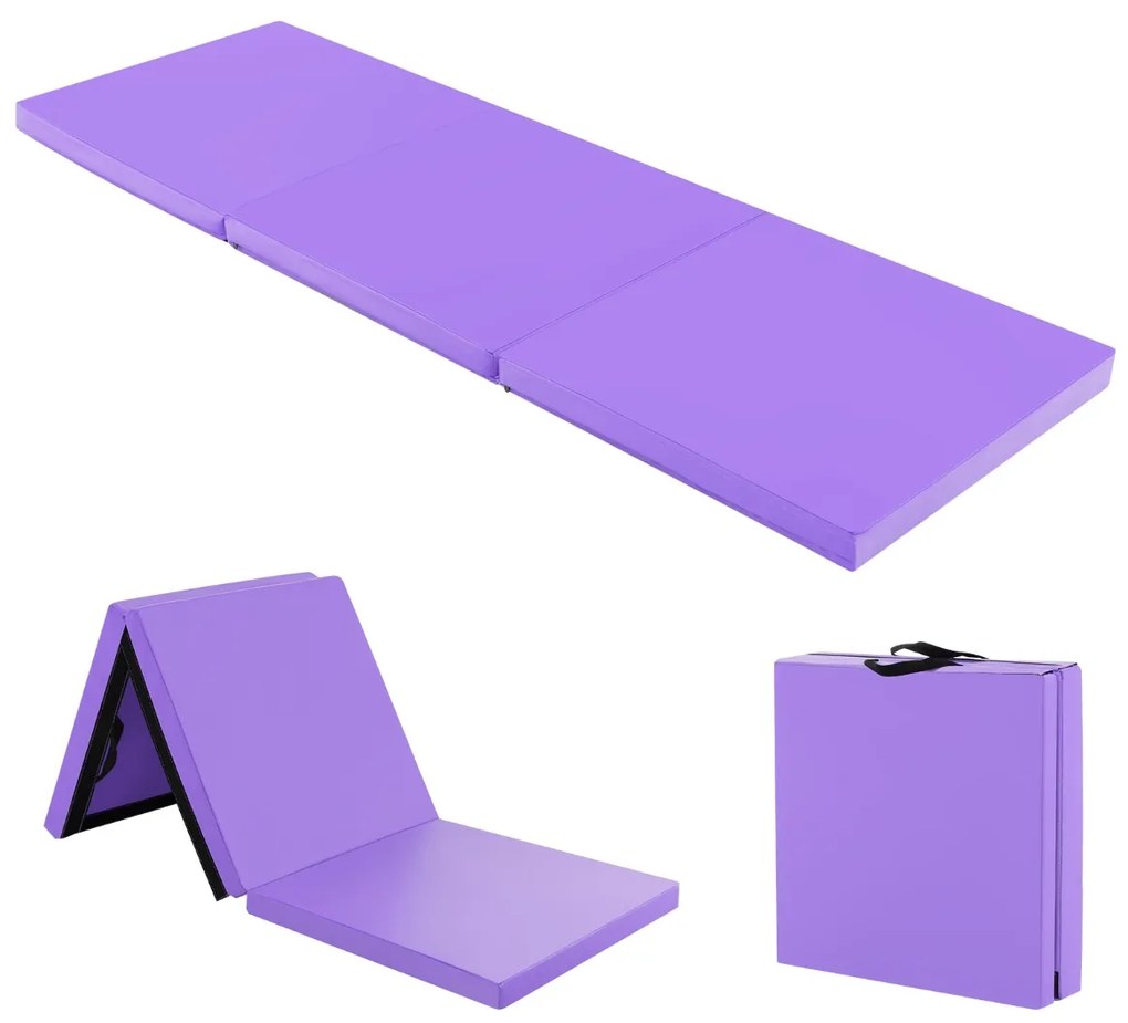 Tapete de exercícios portátil, leve e dobrável de 3 painéis com 2 pegas Ginástica compacta com enchimento de espuma EPE 180 x 60 x 5 cm Púrpura