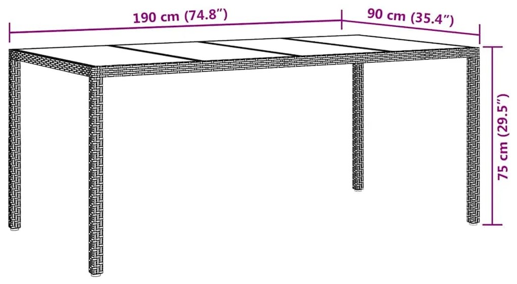 Mesa de Jantar de Jardim Castanho 190x90x75 cm Vime PVC