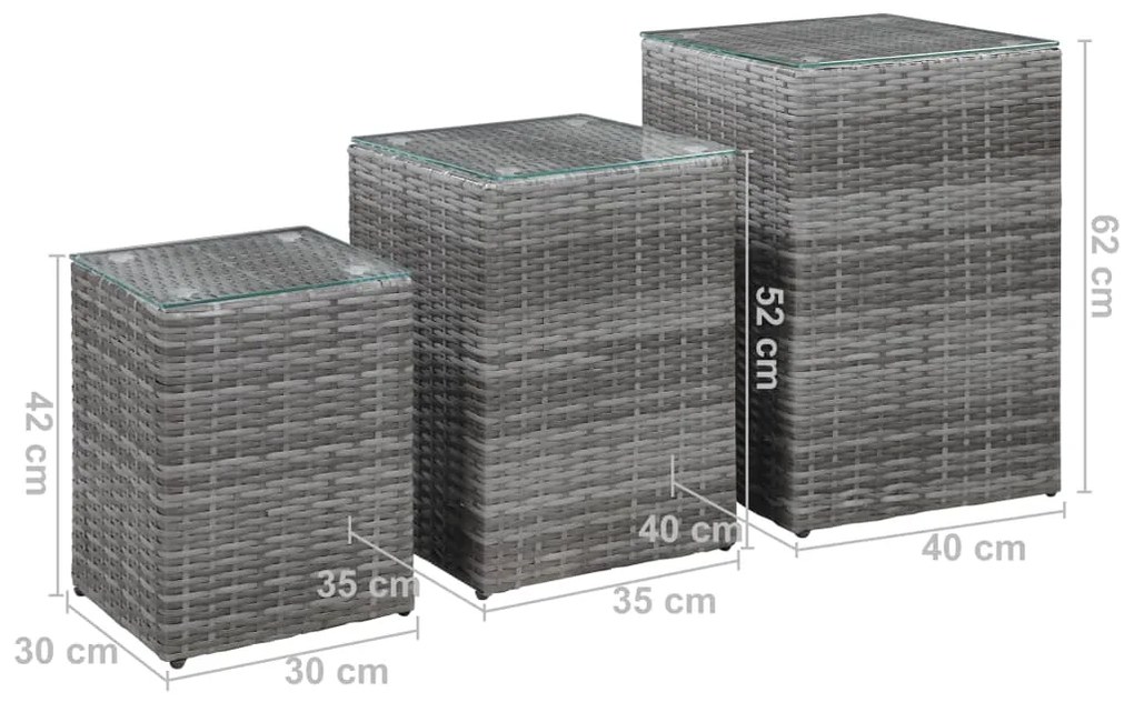 Mesas de apoio com tampo de vidro 3 pcs vime PE cinzento