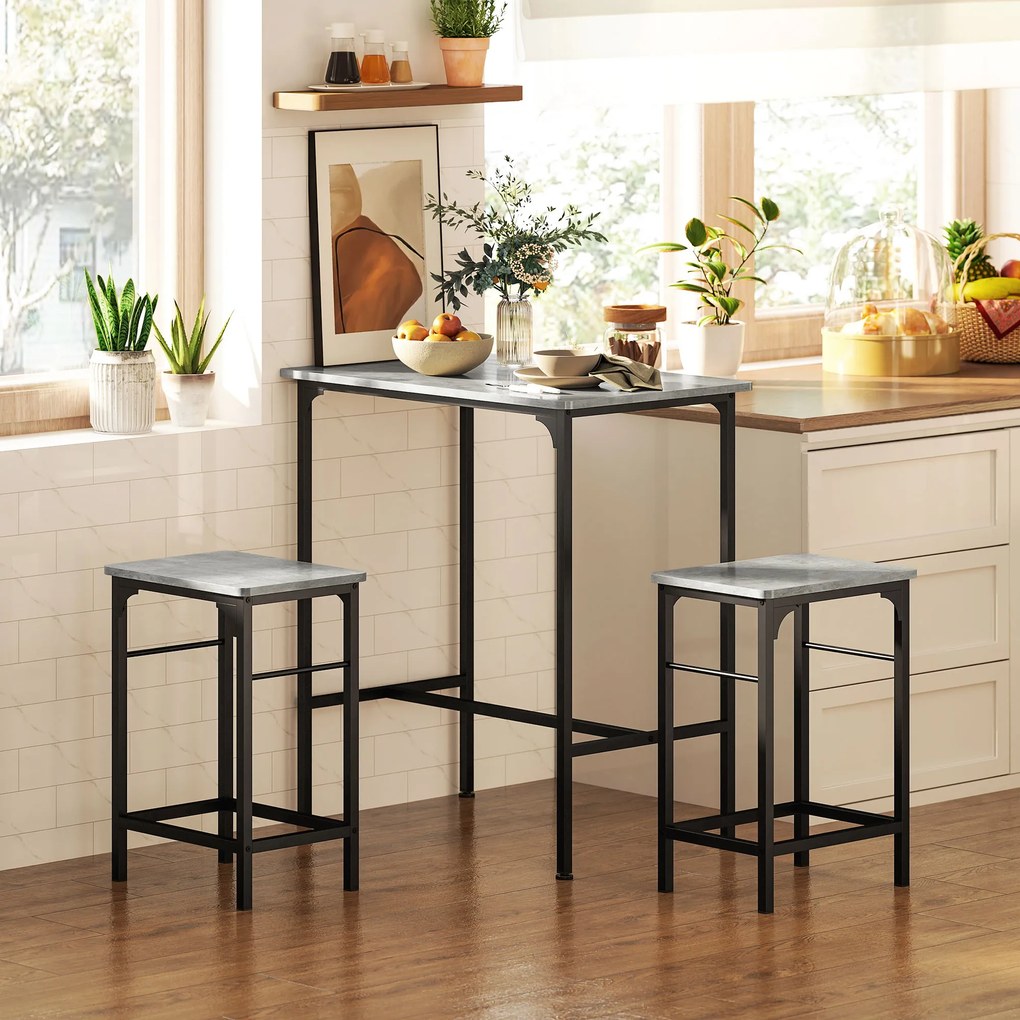 Conjunto de mesa de bar com 2 bancos, estrutura em aço para cozinha, sala de jantar e sala de estar, cinzento