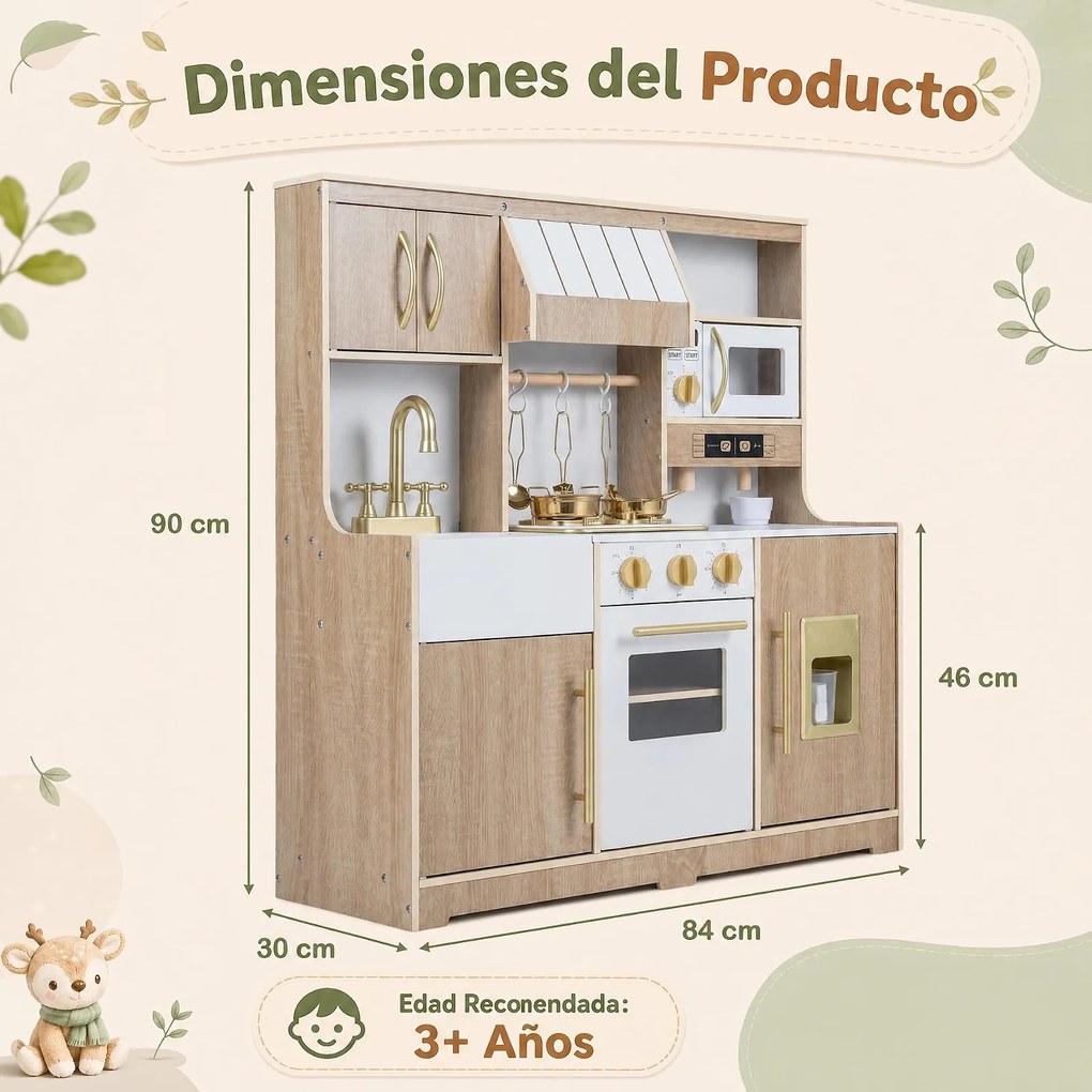Cozinha Infantil de Brincar, 84 x 30 x 90 cm, Placa com Luz e Som, Natural+Branco