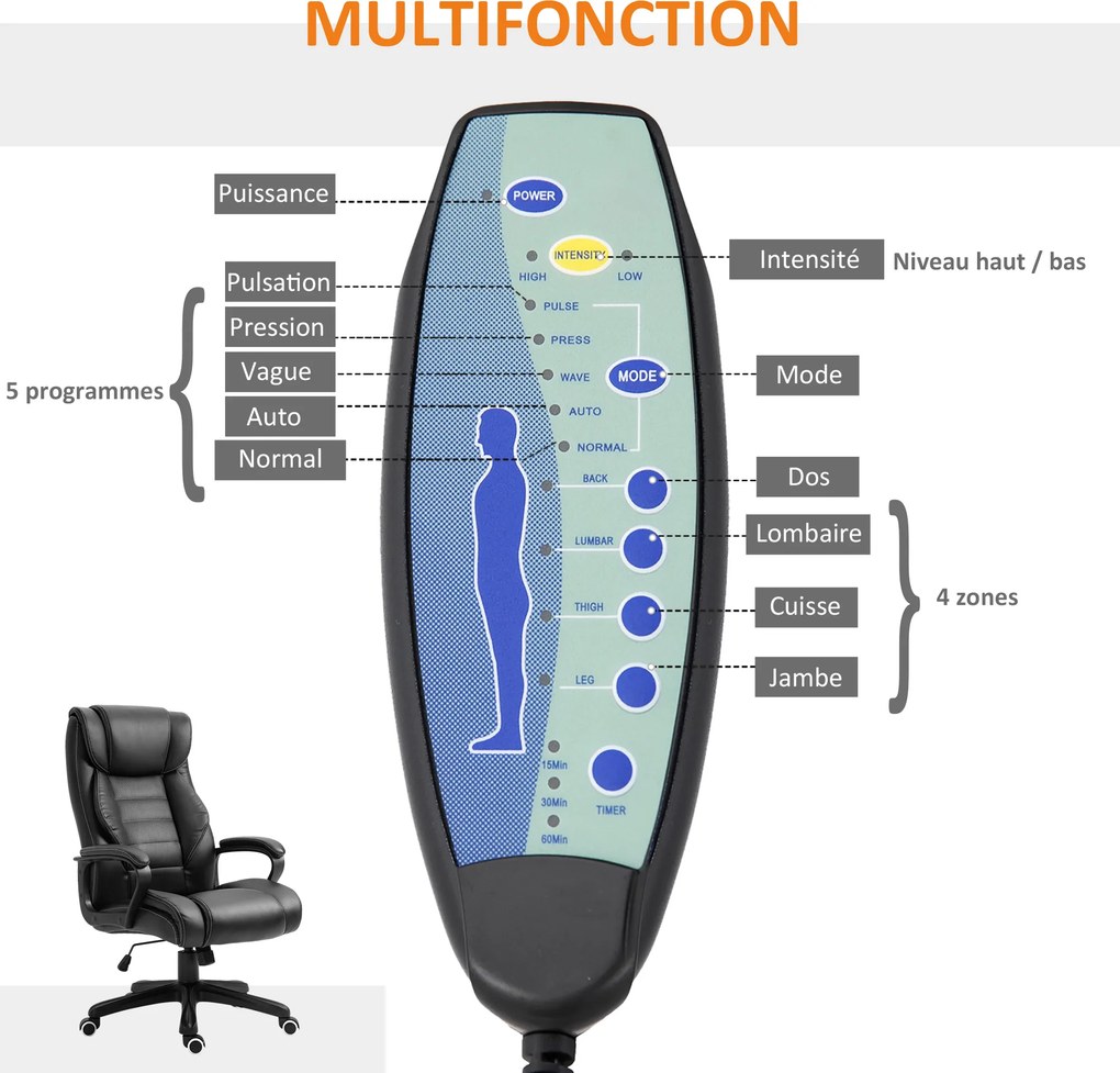 Cadeira de escritório com função de massagem, ergonómica de grande conforto, altura ajustável, encosto reclinável, revestimento sintético preto