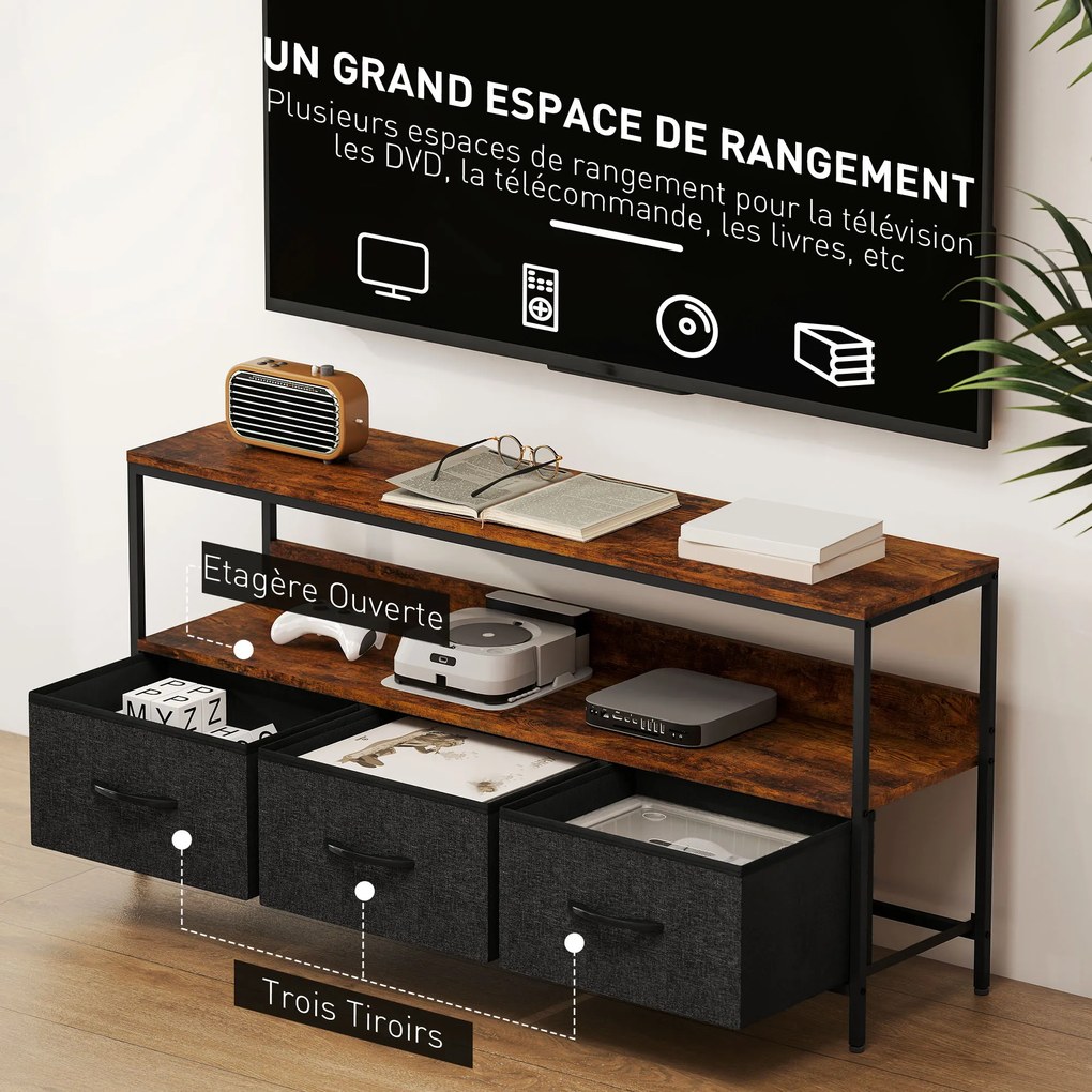 Móvel de TV, móvel para televisores até 55 polegadas, com 3 gavetas e pés em aço, 120 x 29 x 56 cm, castanho rústico