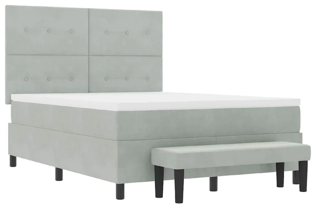 Cama Box Spring com Colchão &amp; Banco Cinza Claro 140x190 cm Veludo