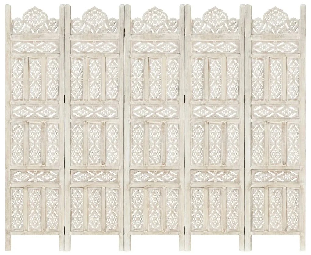 vidaXL Biombo esculp. mão 5 painéis 200x165cm mangueira maciça branco
