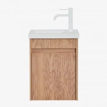 Conjunto De Móvel De Casa De Banho Suspenso Em Madeira Com Lavatório Integrado Narek Sem Espelho & Castanho Fresno & Branco ↑20 Cm Com Válvula De Dren