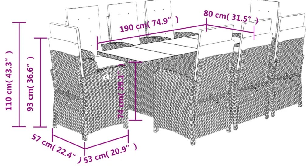 9 pcs conj. jantar jardim c/ almofadões vime PE bege misturado
