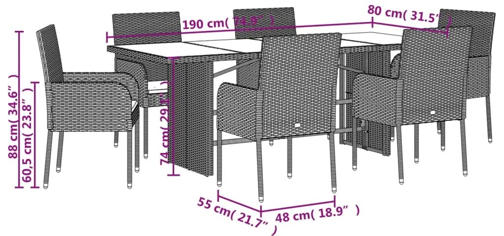 7 pcs conjunto de jantar p/ jardim c/ almofadões vime PE cinza