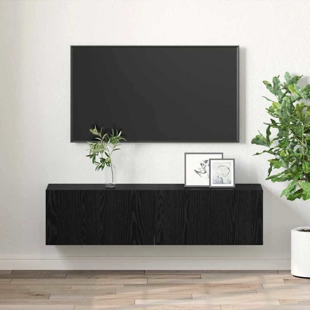 Conjunto de Gabinete de TV Carvalho Preto Madeira engenheirada