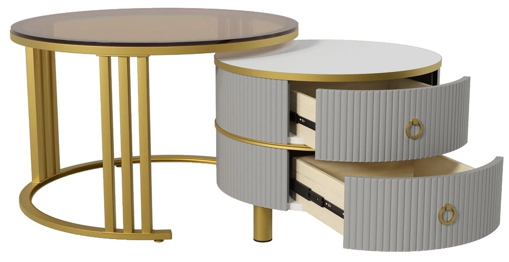 Mesa de Café Redonda 2-em-1 em MDF com Tampo Brilhante e Tampo em Vidro Temperado Marrom, Combinação de Mesa de Sala de Estar com 2 Gavetas, Cinza