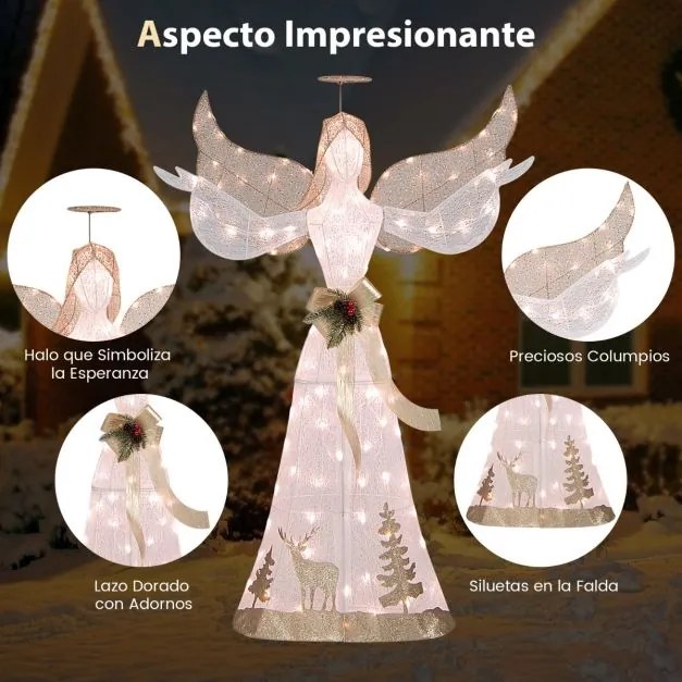 Anjo de Natal iluminado com 100 luzes brancas quentes, halo, laço e estacas para o solo 103 x 45 x 150 cm Branco + Dourado